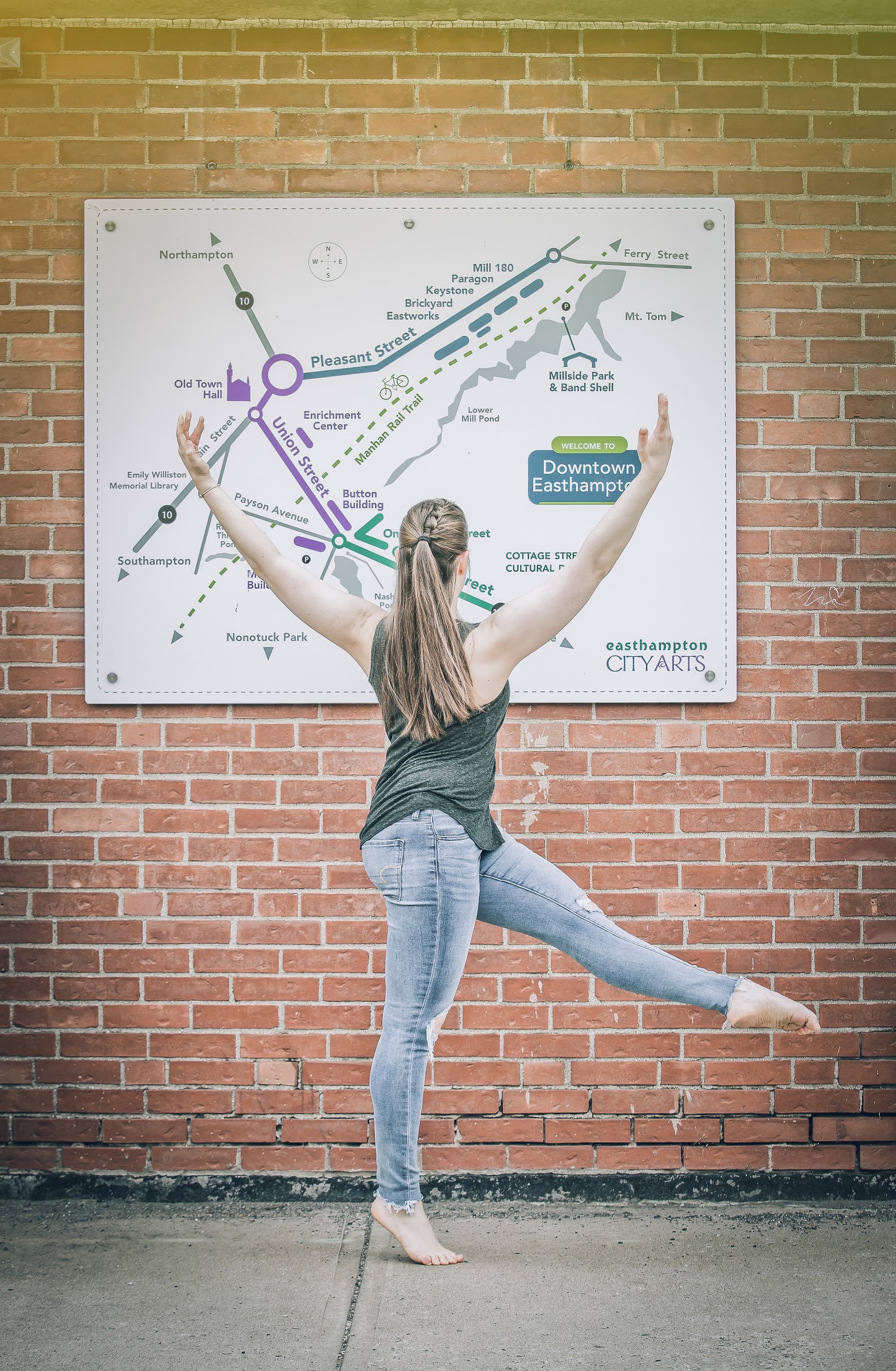 Dancer in front of map of downtown Easthampton